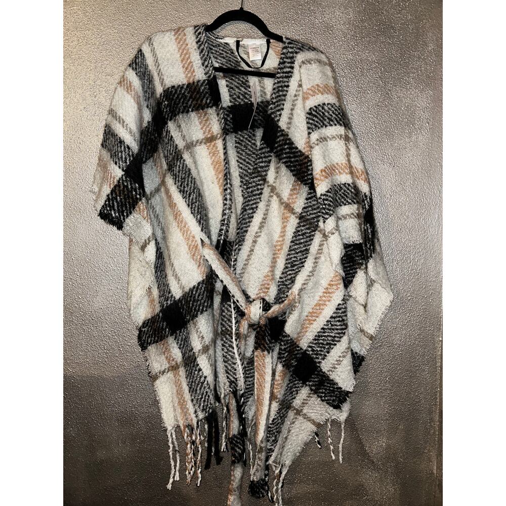 Liz Claiborne Boho Preppy Brown Cream Plaid  Belted  Poncho / Shrug  One Size
